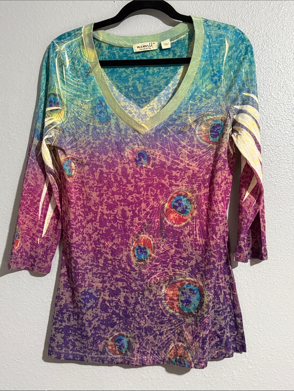ONE WORLD Multicolor V-Neck Long Sleeve Top - Teal, Pink, Purple